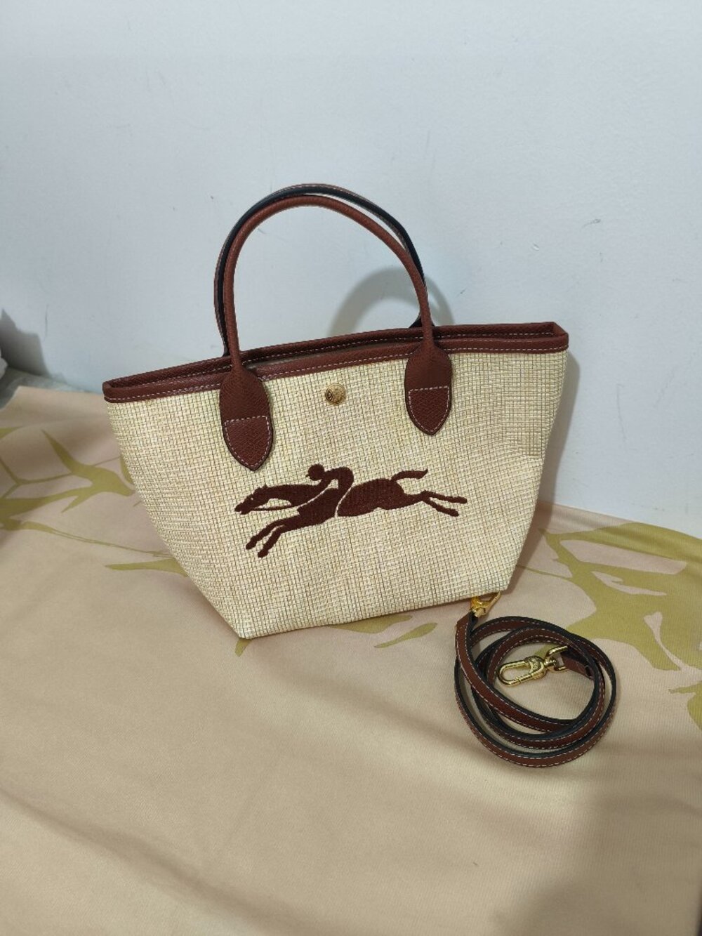 Longchamp Leather-Trim Woven Tote Bag With Horse Motif - Brown/Beige